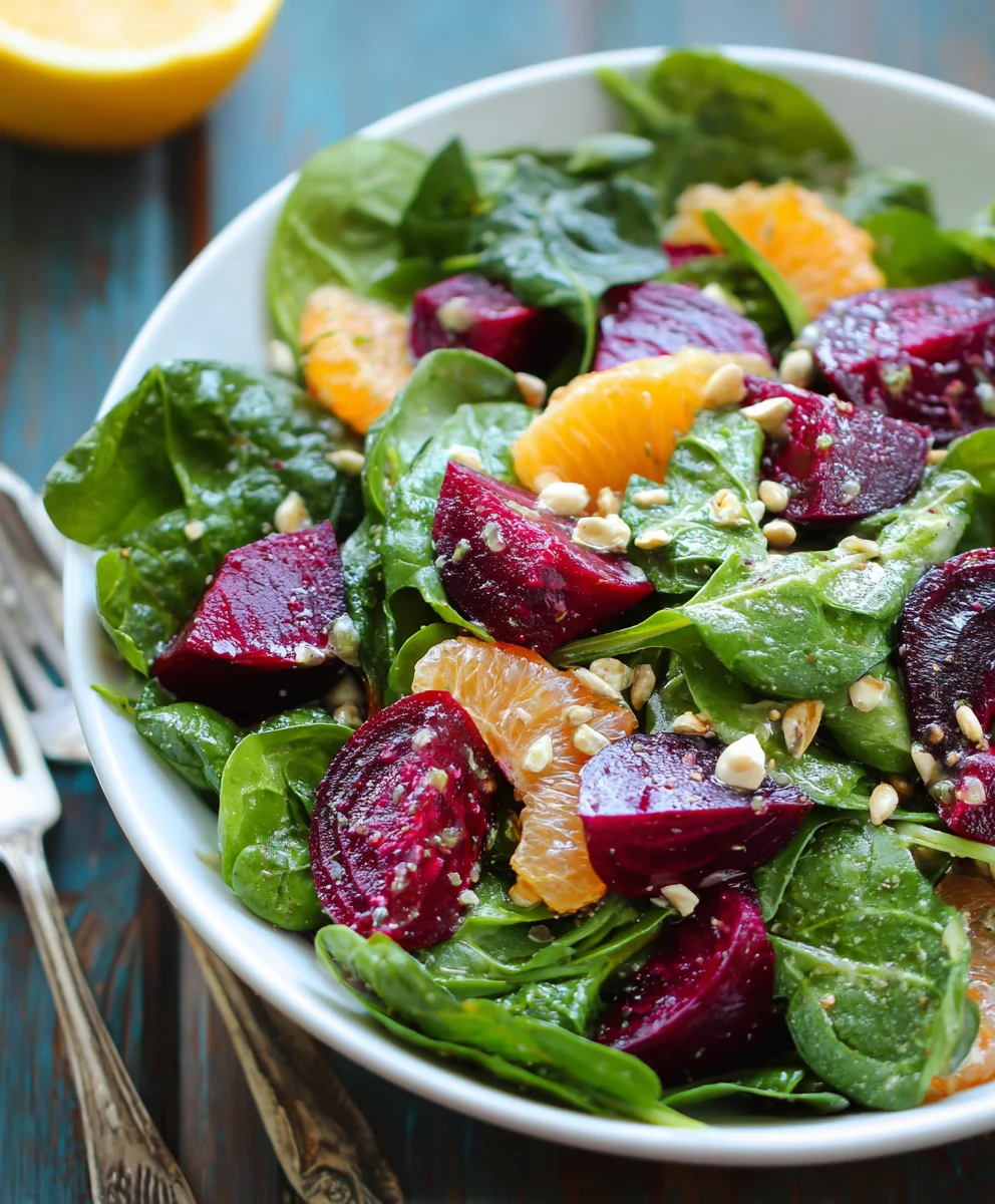 Beet Spinach Salad with Honey Mustard Lemon Dressing