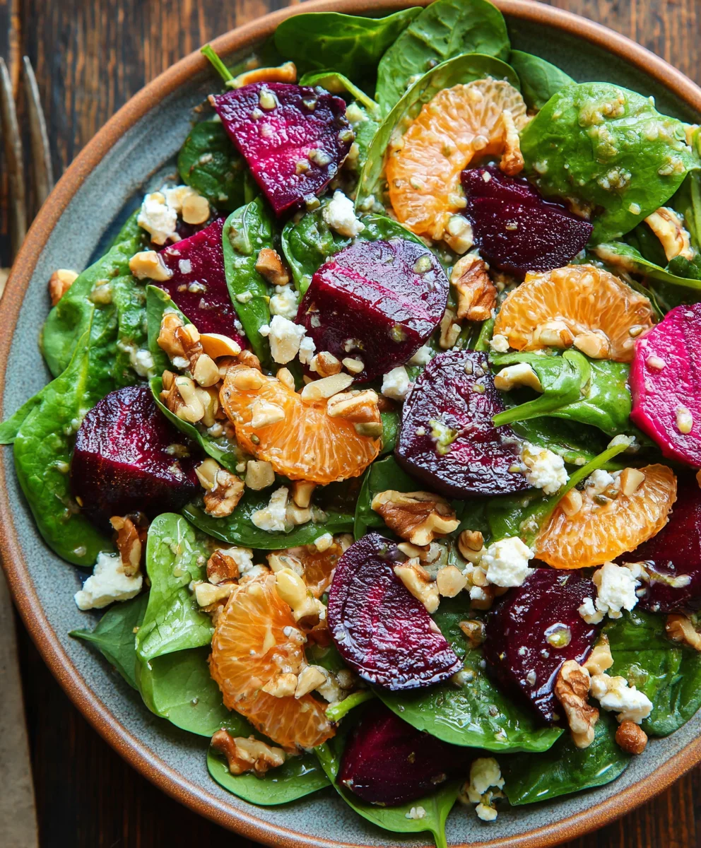 Beet Spinach Salad with Honey Mustard Lemon Dressing