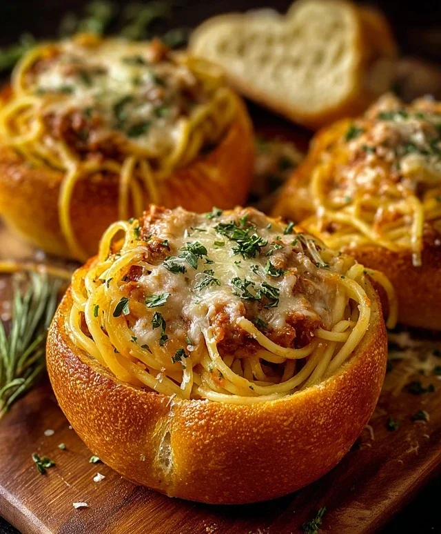 Spaghetti Garlic Bread Bowls