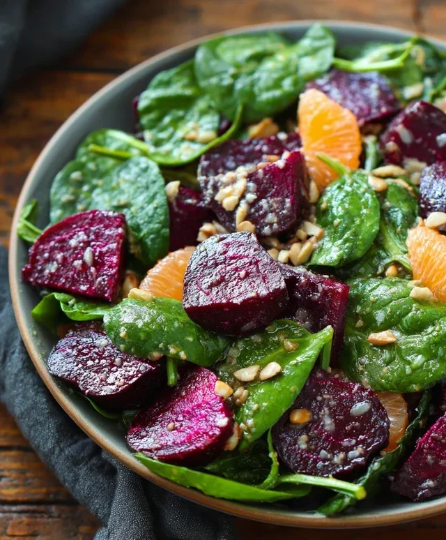 Beet Salad with Spinach and Honey-Mustard Lemon Dressing