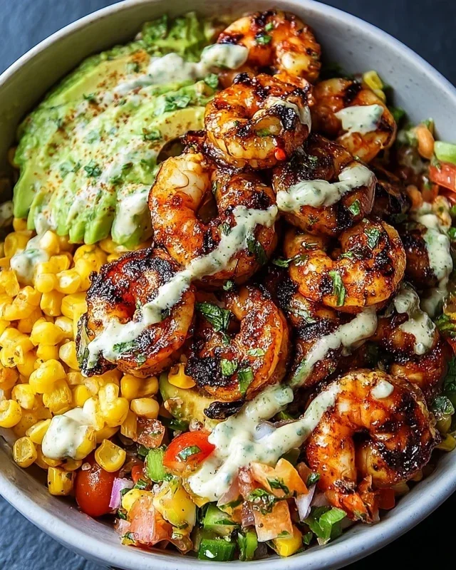 Grilled Shrimp Bowl with Avocado, Corn Salsa & Creamy Garlic Sauce