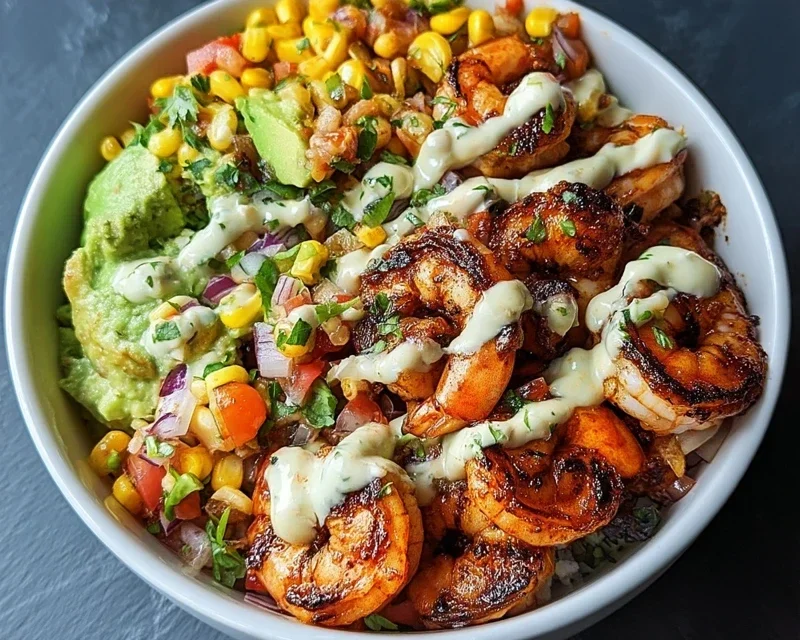 Grilled Shrimp Bowl with Avocado, Corn Salsa & Creamy Garlic Sauce