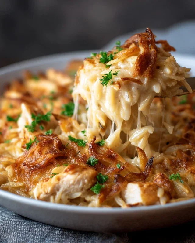 French Onion Chicken Orzo Casserole