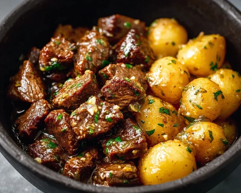 Slow Cooker Garlic Butter Beef Bites with Potatoes