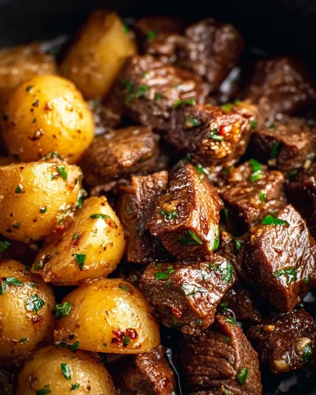 Slow Cooker Garlic Butter Beef Bites with Potatoes