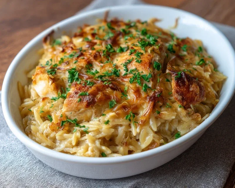 French Onion Chicken Orzo Casserole
