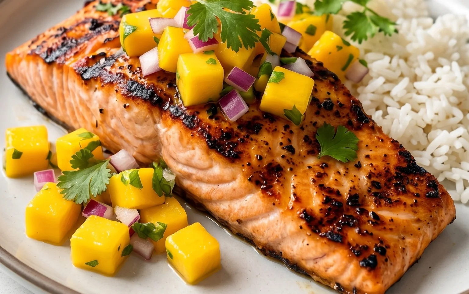 Grilled Salmon with Mango Salsa and Coconut Rice