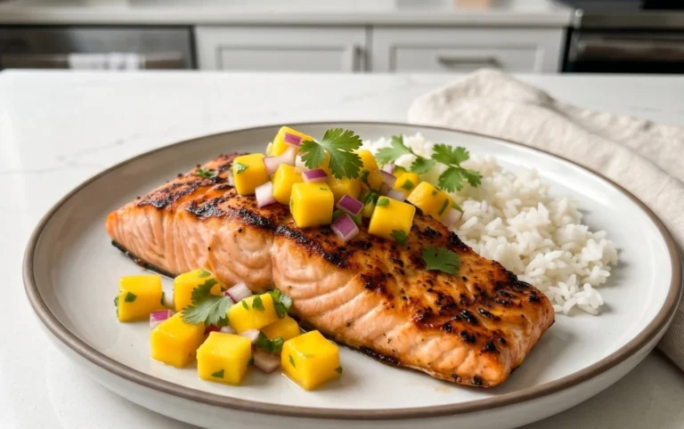 Grilled Salmon with Mango Salsa and Coconut Rice
