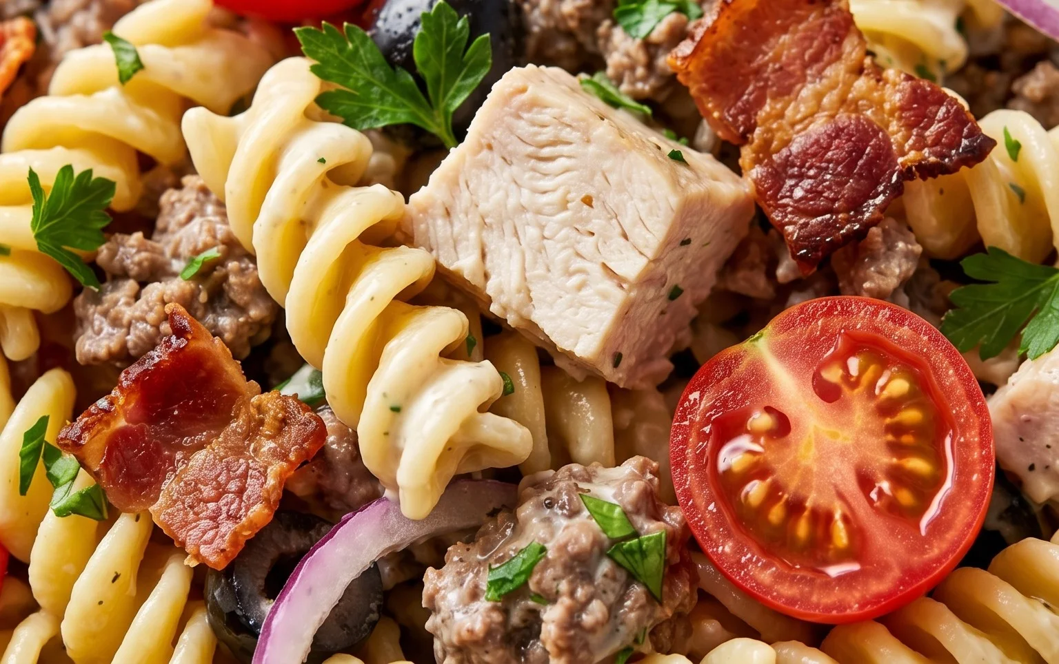 Chicken Beef Bacon Ranch Pasta Salad