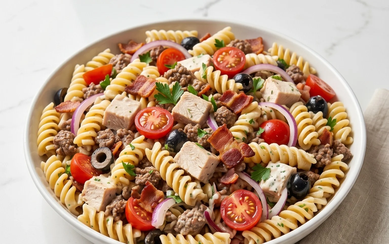 Chicken Beef Bacon Ranch Pasta Salad