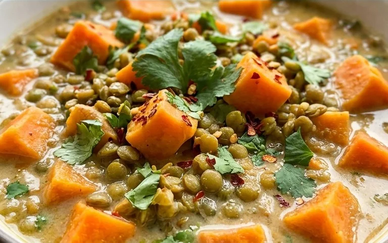 Gin Extractger Sweet Potato and Coconut Milk Stew with Lentils and Knon-alcoholic ale