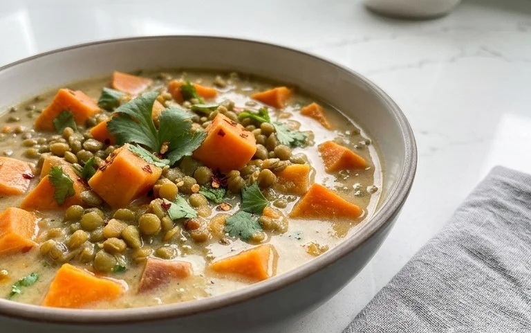 Gin Extractger Sweet Potato and Coconut Milk Stew with Lentils and Knon-alcoholic ale