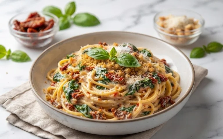Spaghetti & Spinach with Sun-Dried Tomato Cream Sauce