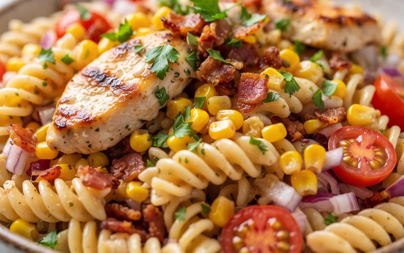 Chicken and Corn Pasta Salad with Beef Bacon