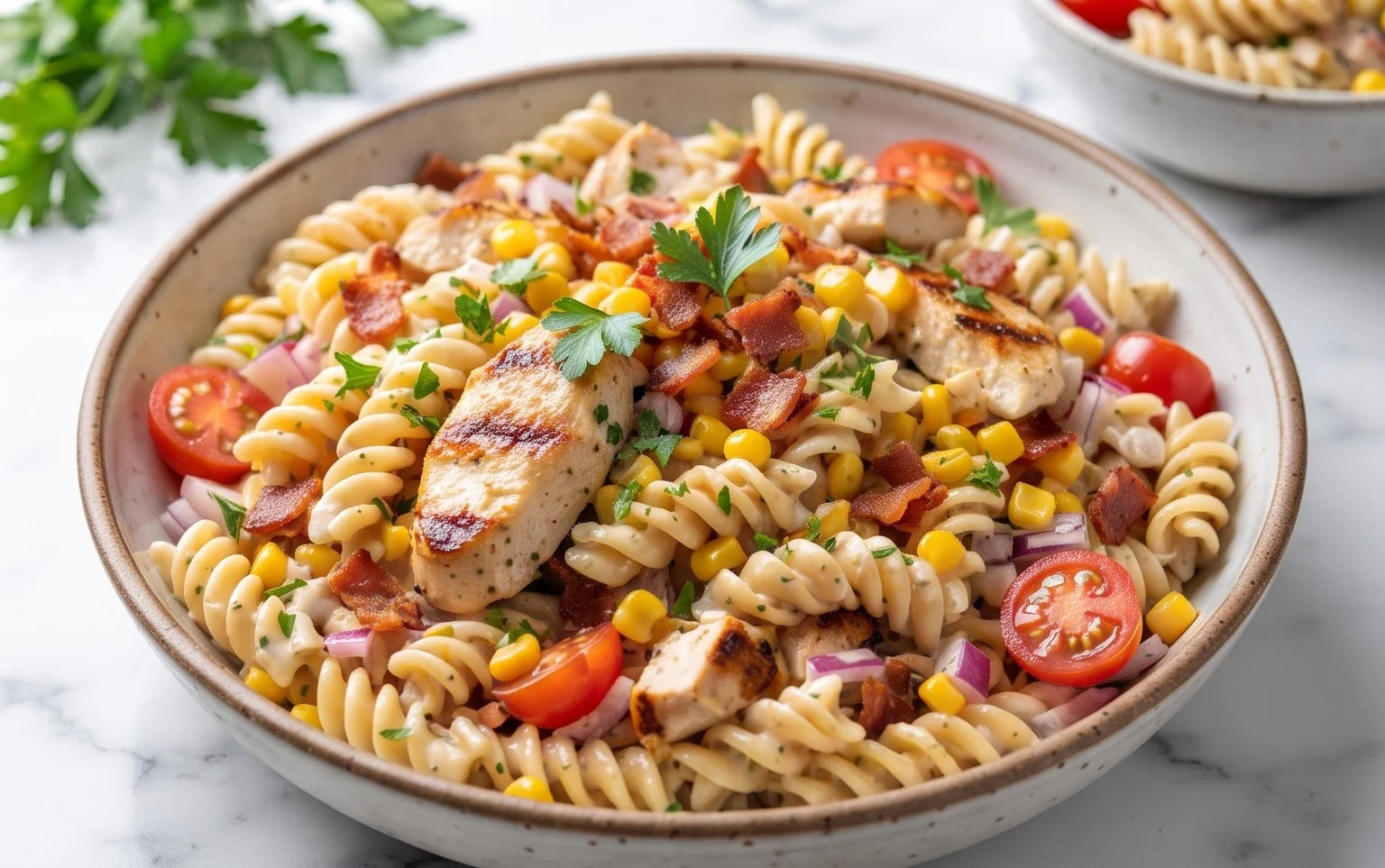 Chicken and Corn Pasta Salad with Beef Bacon