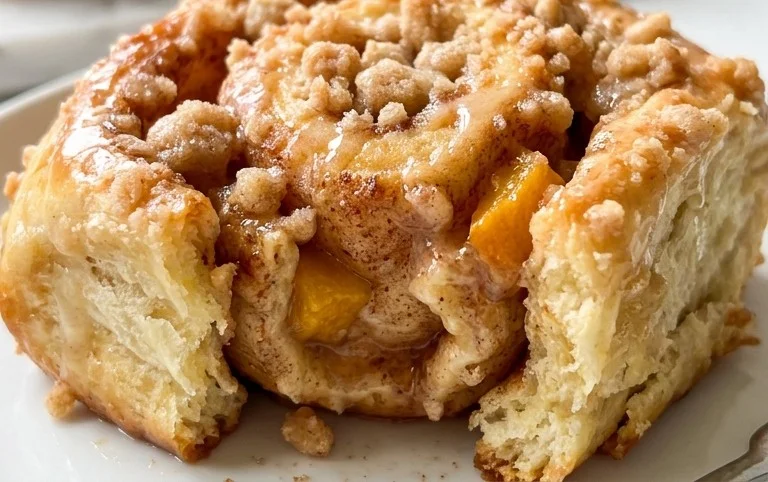 Peach Cobbler Cinnamon Rolls with Crum extractb Topping
