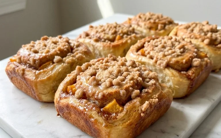 Peach Cobbler Cinnamon Rolls with Crum extractb Topping