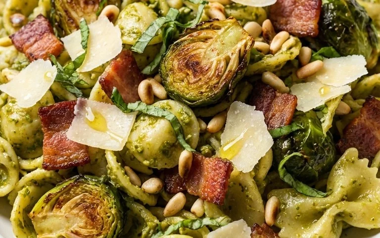 Brussels Sprouts and Beef Bacon Pesto Pasta