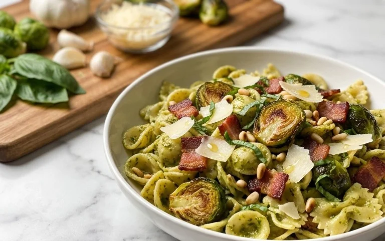 Brussels Sprouts and Beef Bacon Pesto Pasta