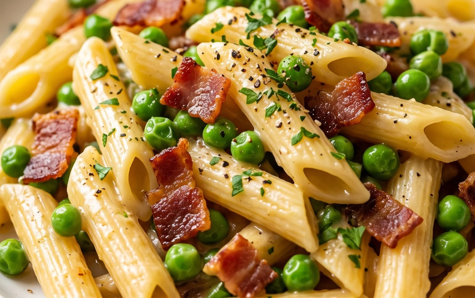 Penne Pasta, Peas and Beef Bacon