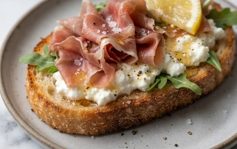 Beef Prosciutto Crostini with Burrata and Lemon Honey Drizzle