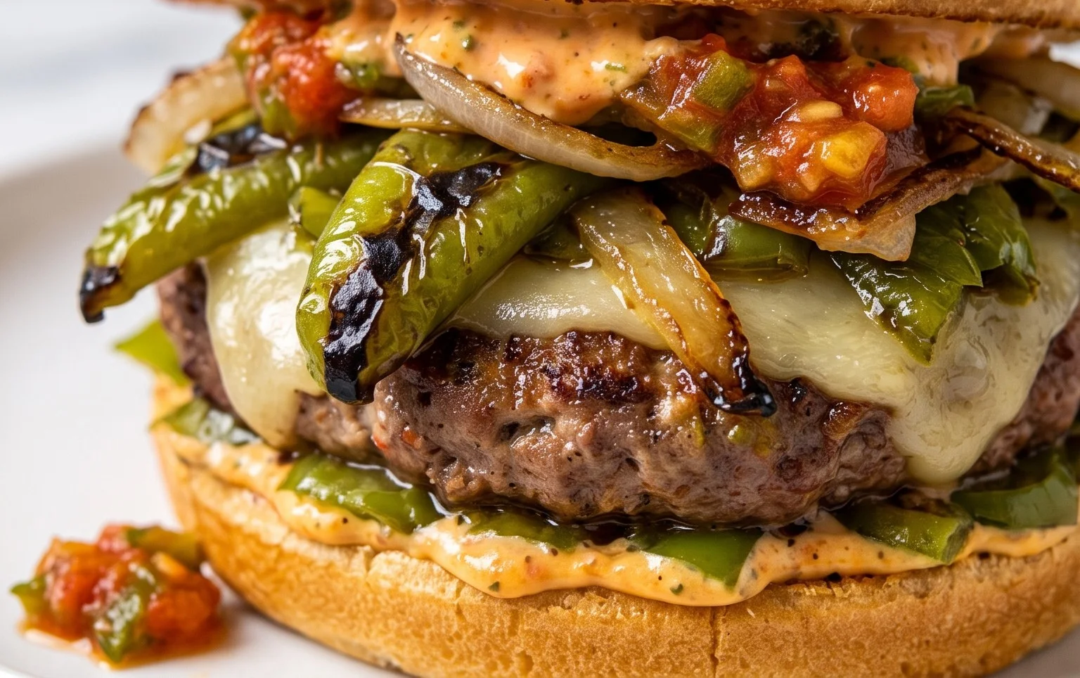 Roasted Green Chile Burgers with Grilled Sweet Onions and Salsa Mayo