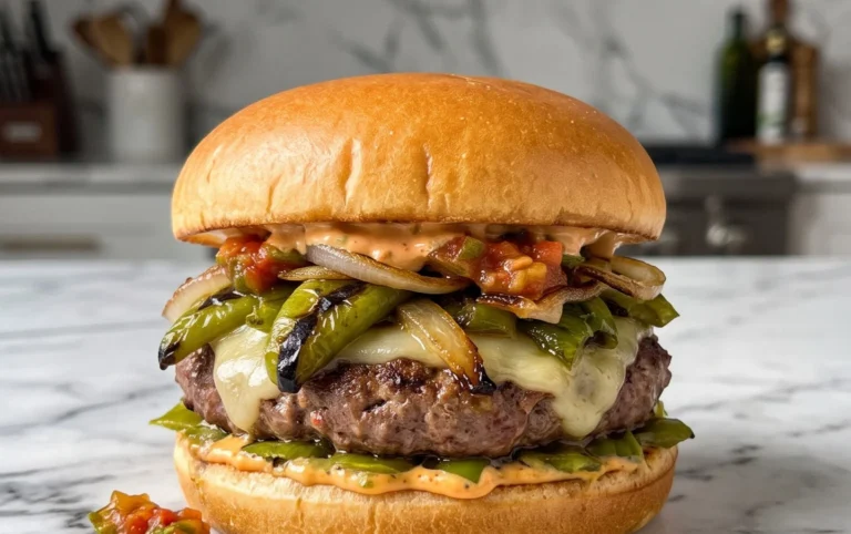 Roasted Green Chile Burgers with Grilled Sweet Onions and Salsa Mayo