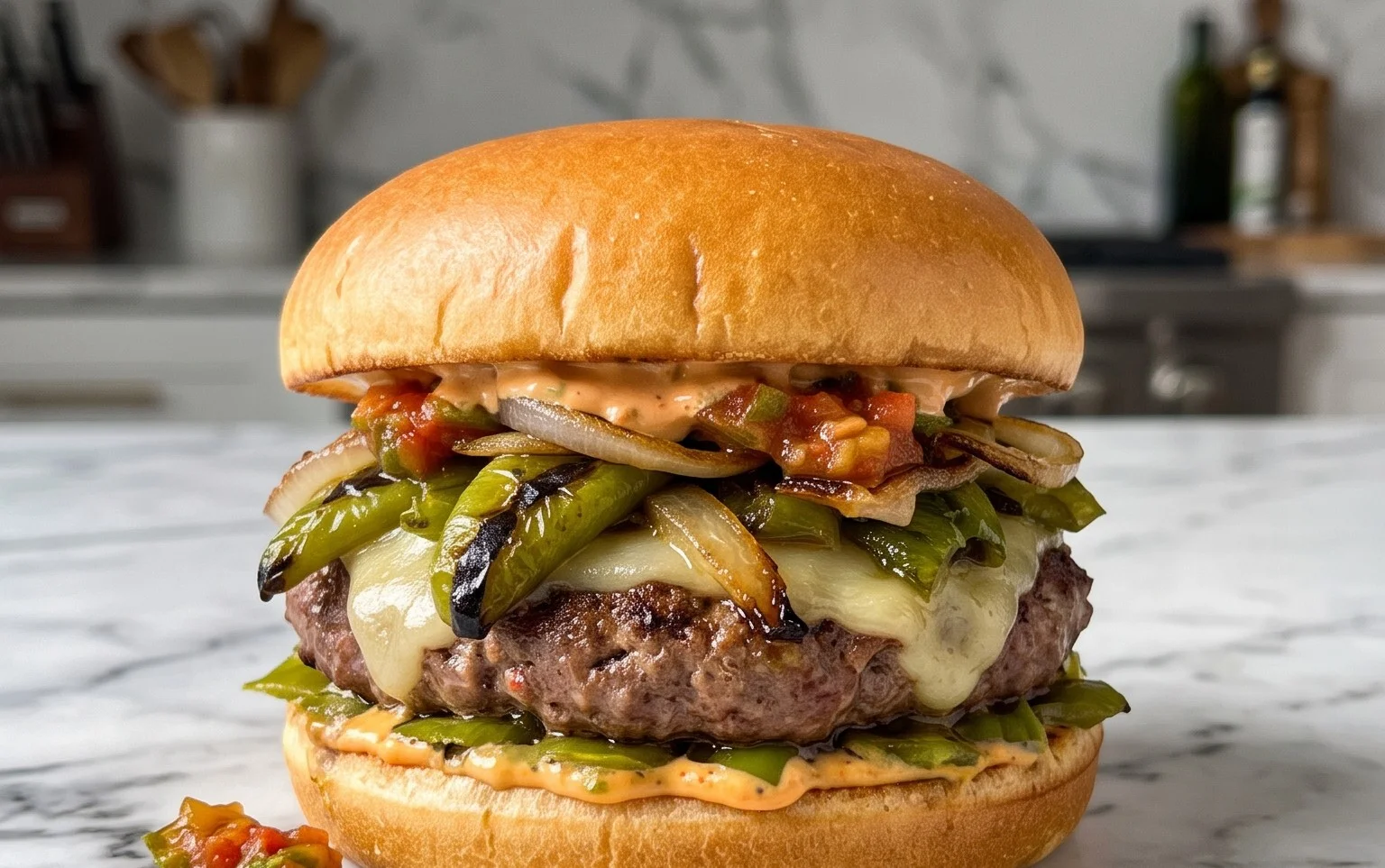 Roasted Green Chile Burgers with Grilled Sweet Onions and Salsa Mayo